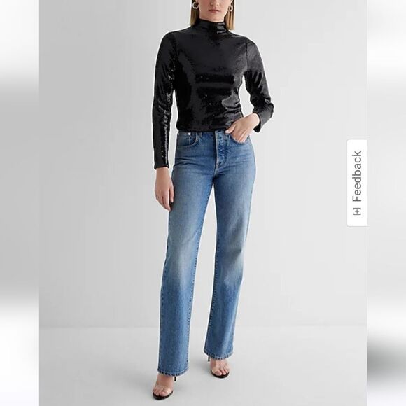 Body Contour Sequin Mock Neck Long Sleeve Tee - Picture 1 of 6